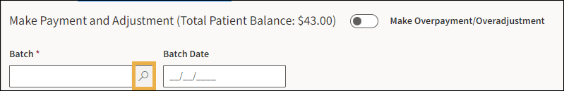 Payment and adjustment posting page with a yellow highlight box around the Batch search icon.